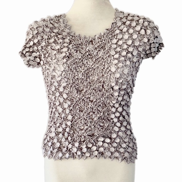 UNBRANDED silver satiny short sleeve popcorn top - Picture 2 of 8